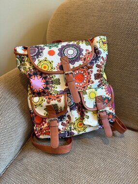 Boho Print Backpack Multicolor Pattern Festival Travel Bag Faux Leather Trim